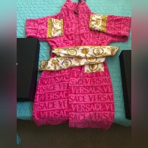 Versace Hot Pink Logo Robe with Gold Baroque Trim